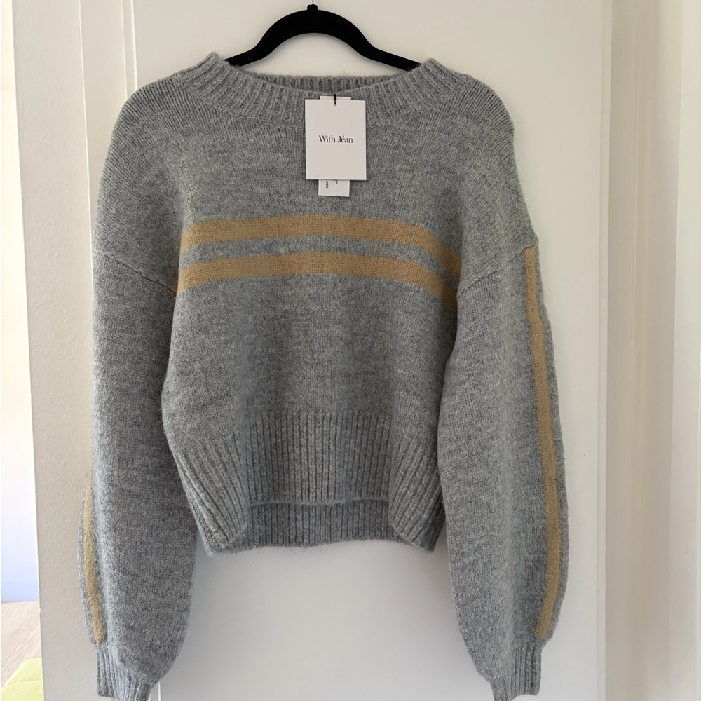 With Jean Light Gray Crewneck Sweater with Tan Stripes